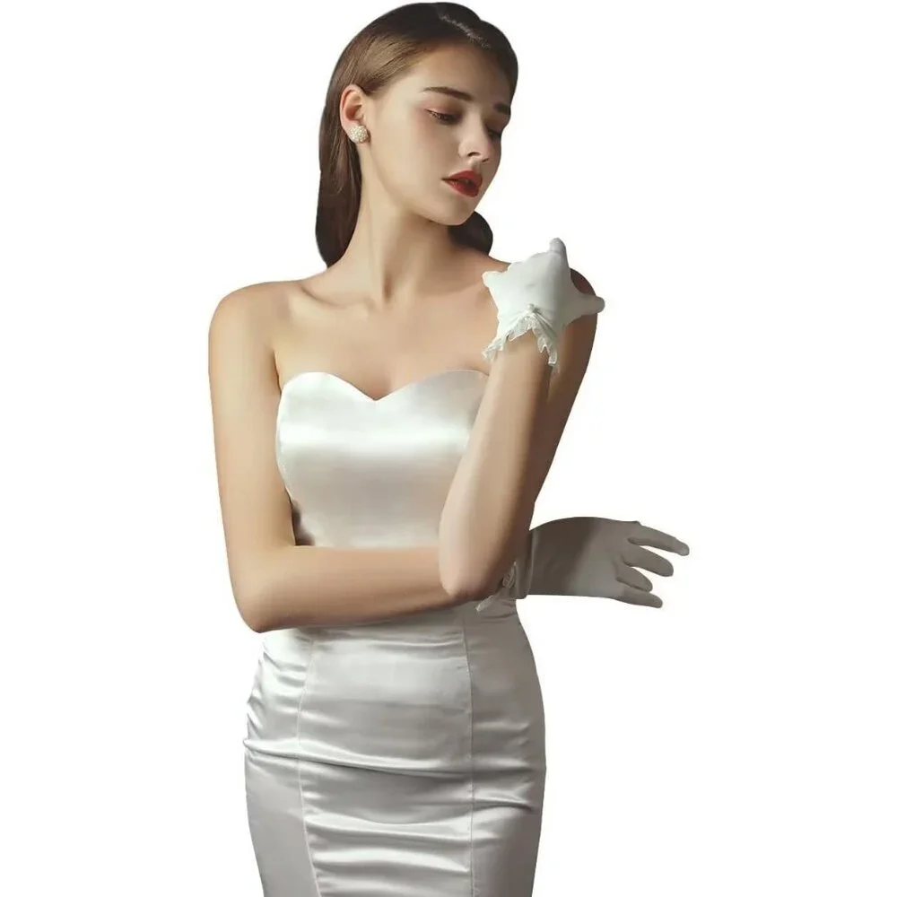 Women's Lvory Floral Lace Short Satin Ruffle Pearls Evening Gloves Party Prom